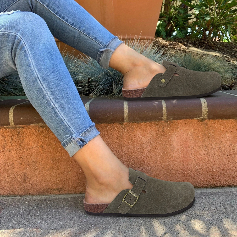 Oak & Coral | Women's Suede Clogs with Buckle Detail