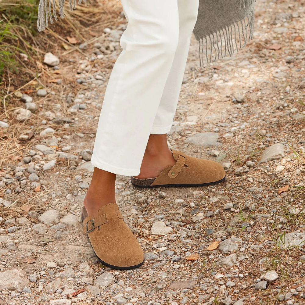 Oak & Coral | Women's Suede Clogs with Buckle Detail