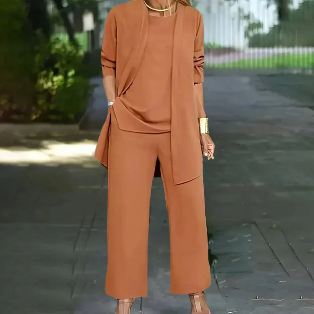 Oak & Coral | Women's Three-Piece Pantsuit with Layered Top