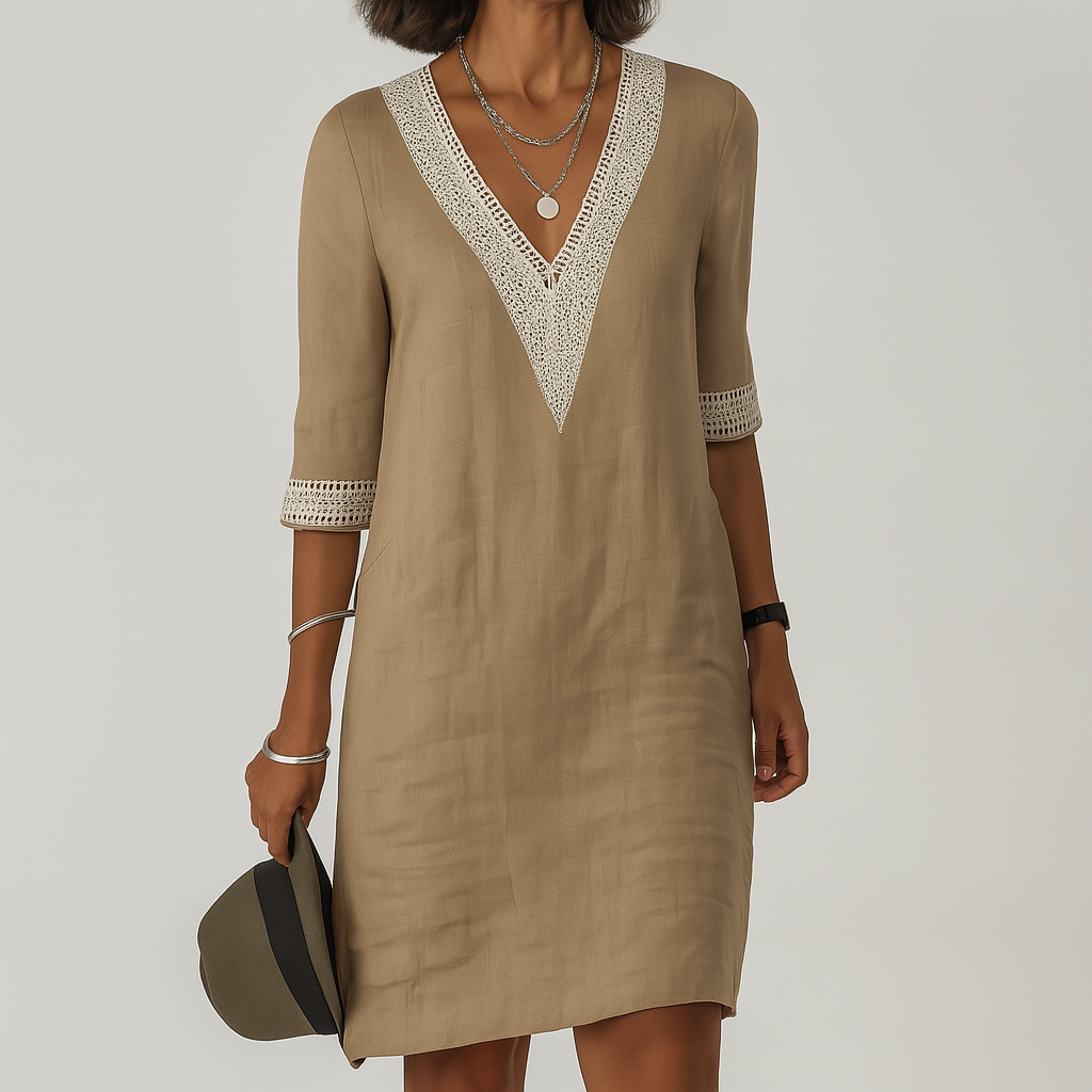 Oak & Coral | Women's V-Neck Crochet Trim Dress