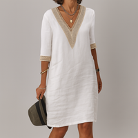 Oak & Coral | V-Neck Crochet Trim Linen Dress