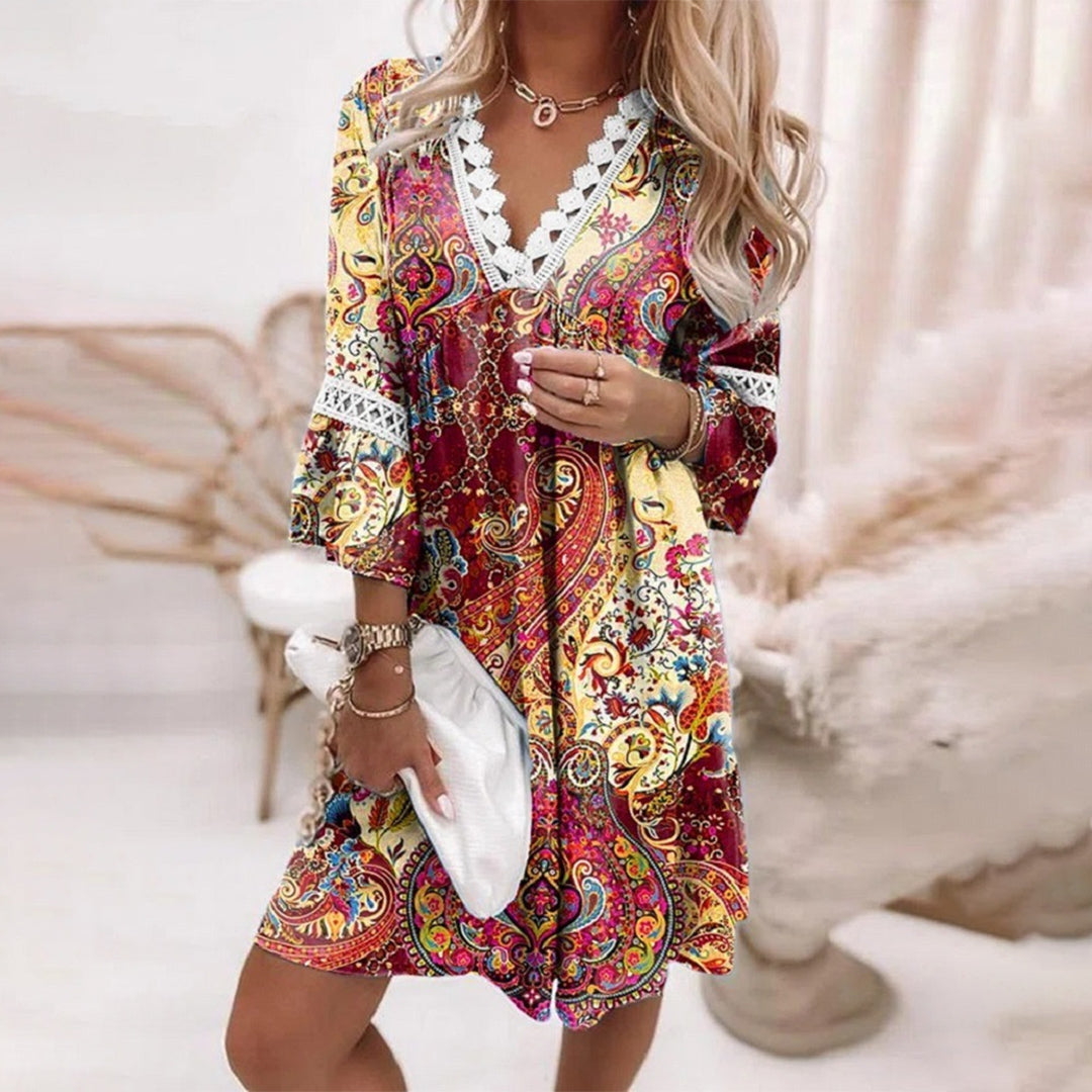 Oak & Coral | Women's V-Neck Mini Dress with Crochet Trim