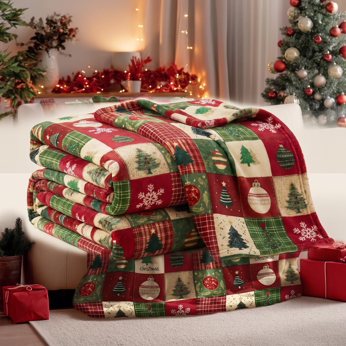 Christmas Throw Blanket - Soft Flannel Blanket with Red and Green Patchwork Print