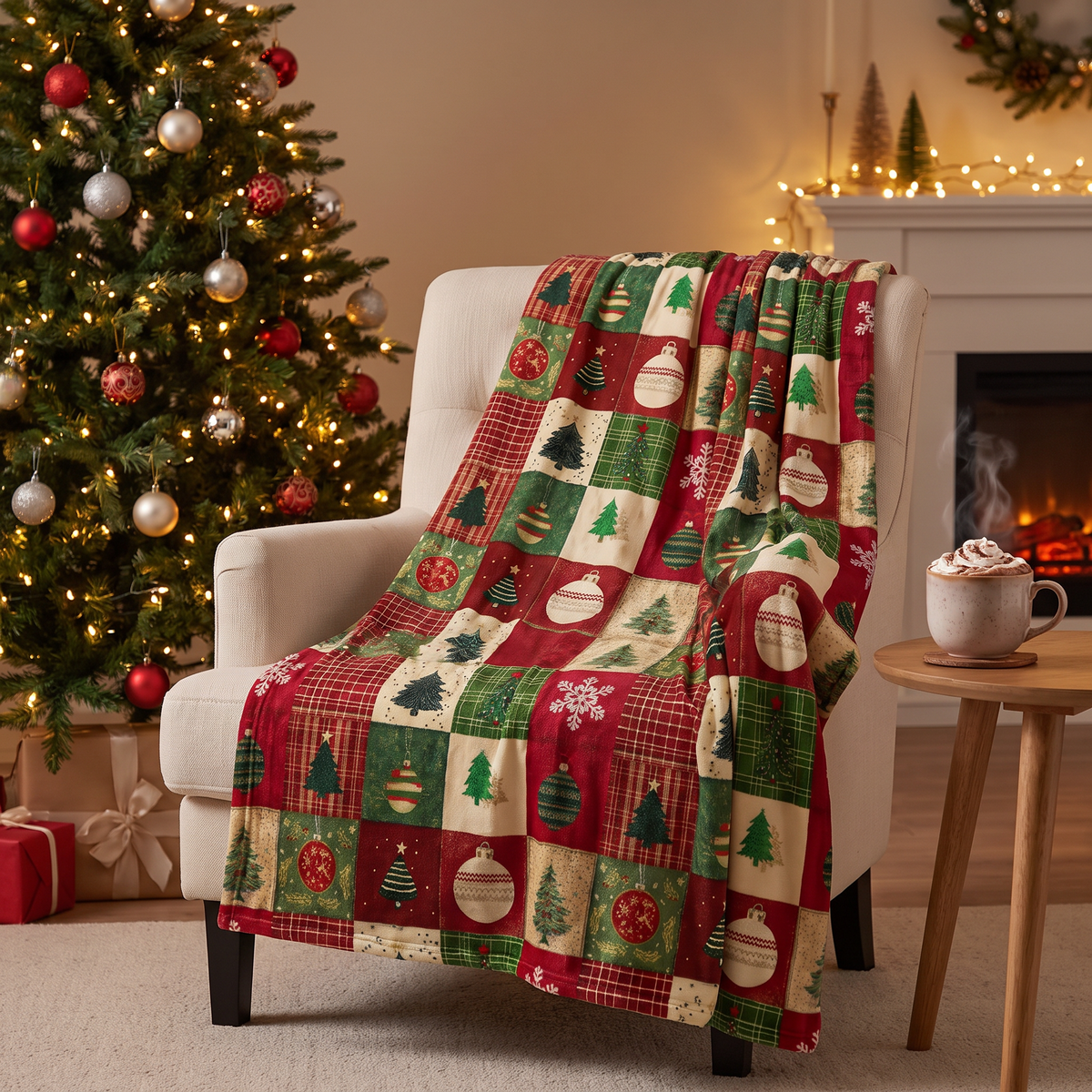 Christmas Throw Blanket - Soft Flannel Blanket with Red and Green Patchwork Print