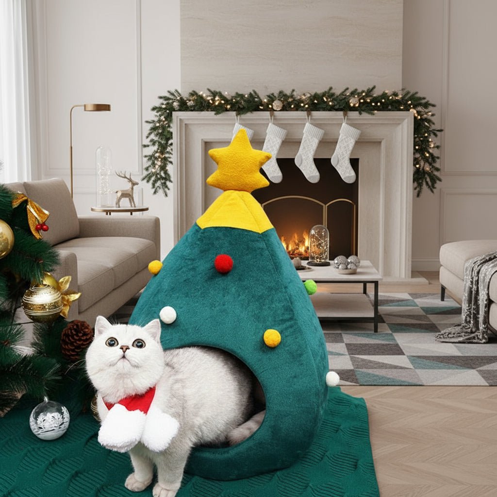 Christmas Tree Cat Bed - Plush Cushioned Feline Lounger