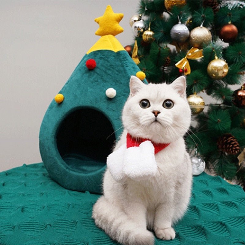Christmas Tree Cat Bed - Plush Cushioned Feline Lounger
