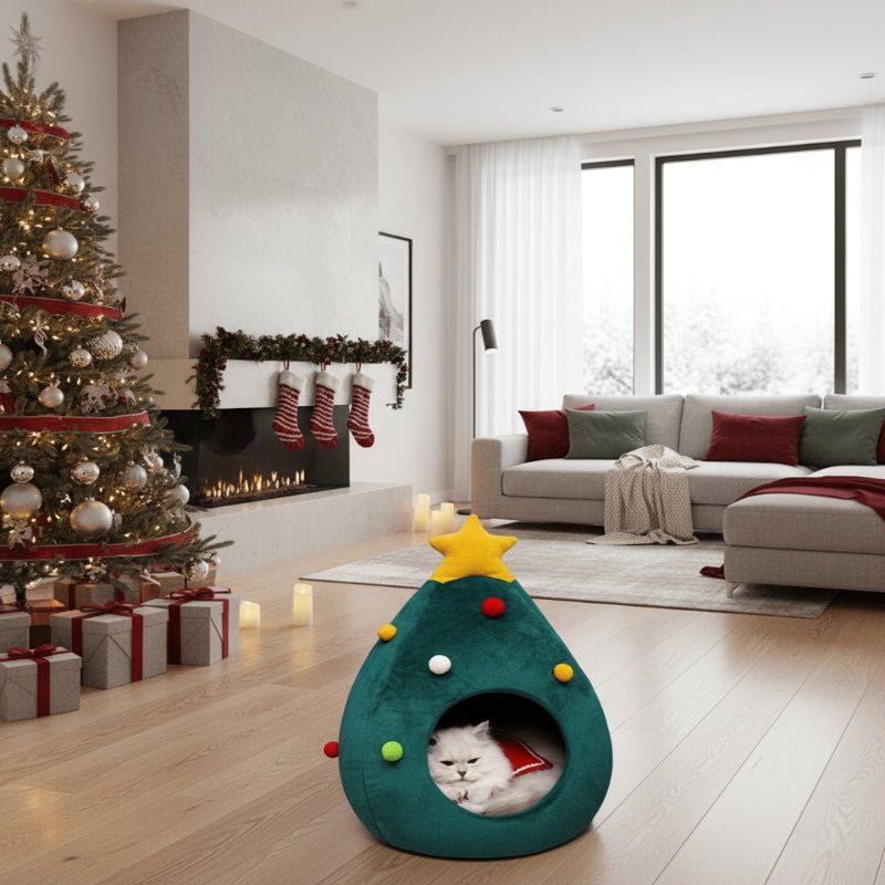 Christmas Tree Cat Bed - Plush Cushioned Feline Lounger