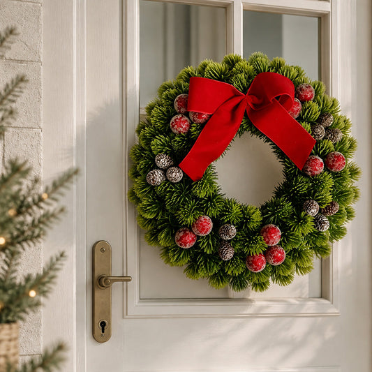 Christmas Wreath 33 cm – Red Berries, Pine Cones and Bow