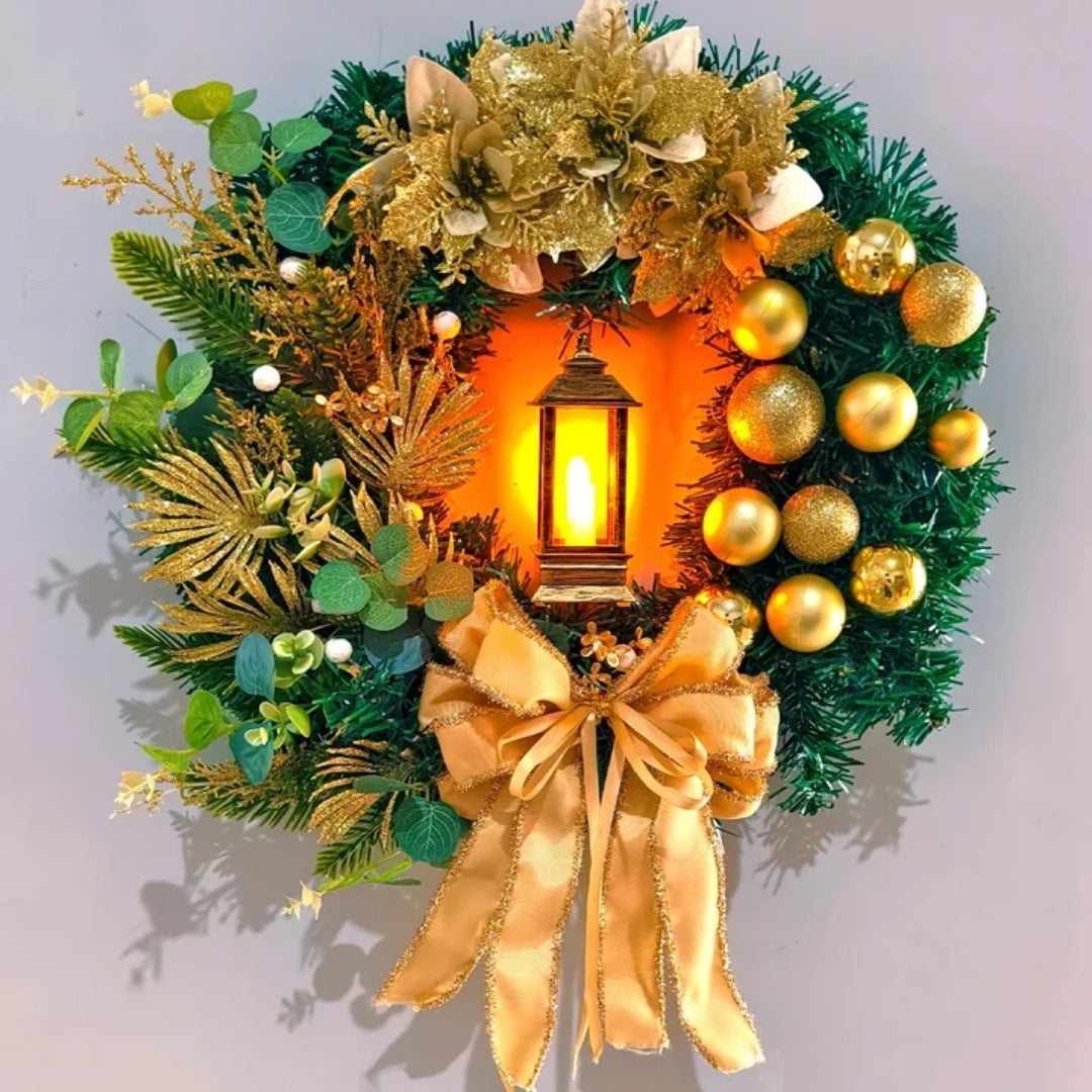 Christmas Wreath with Gold Baubles, Berries and Lights