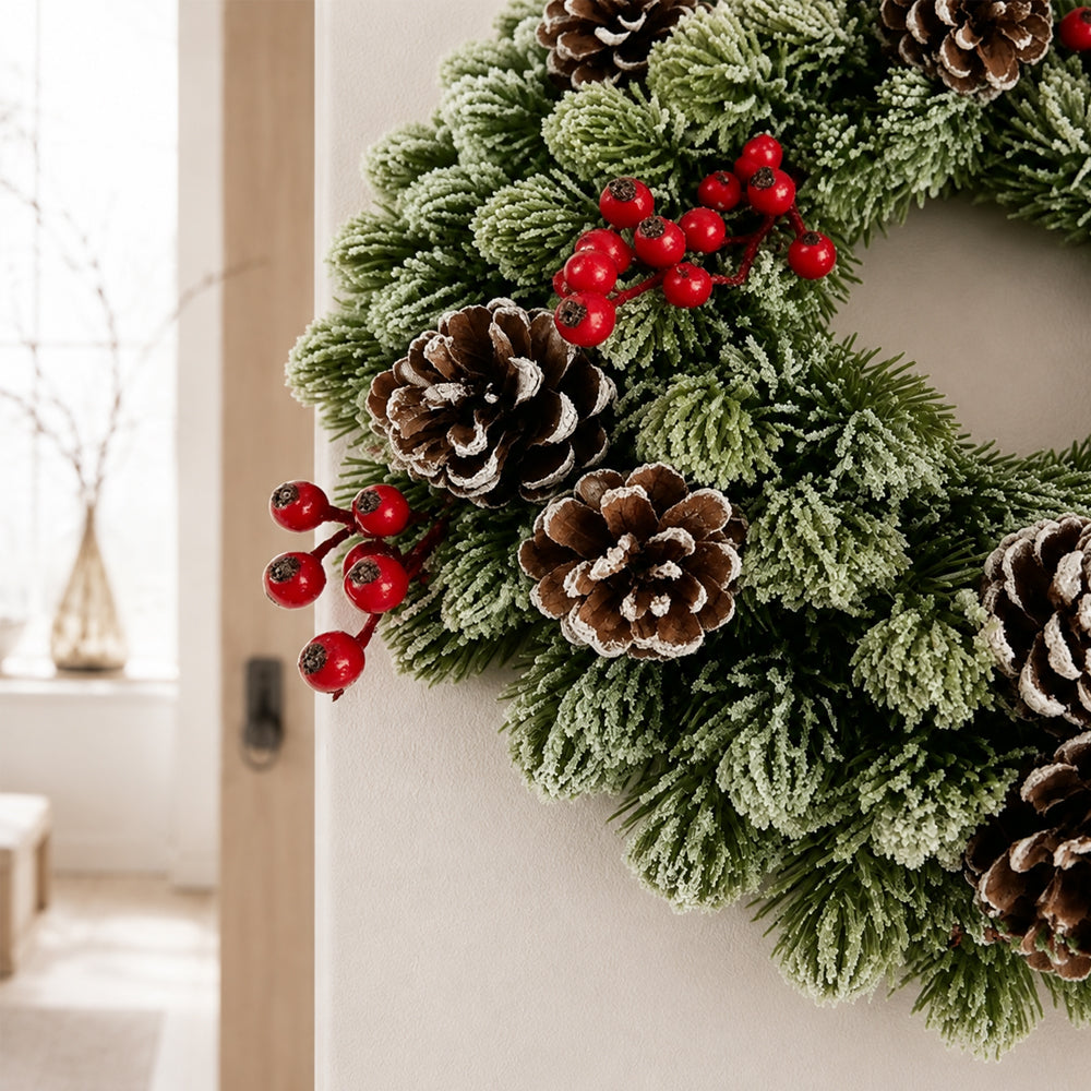 Christmas Wreath with Snow Effect, Red Berries and Pine Cones