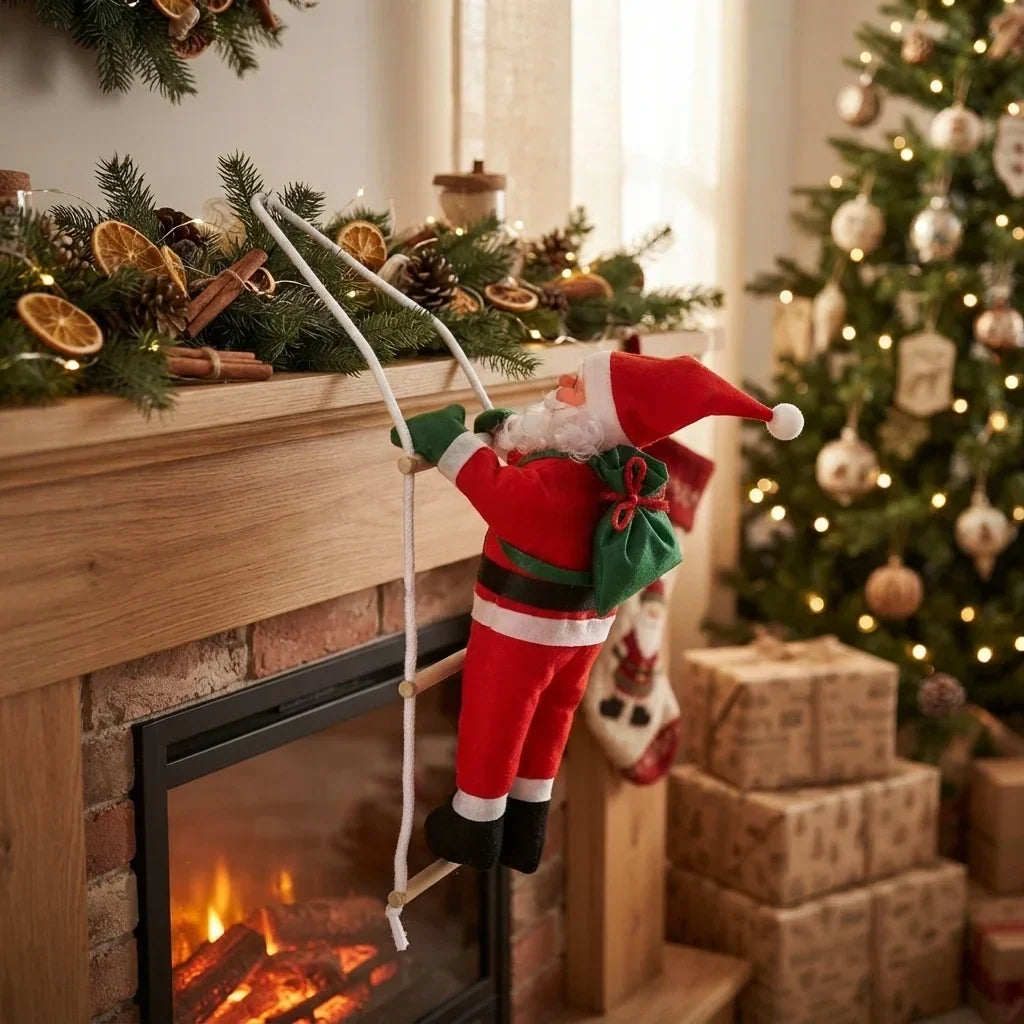 Climbing Santa on Rope Ladder Hanging Christmas Ornament for Indoor Holiday Display