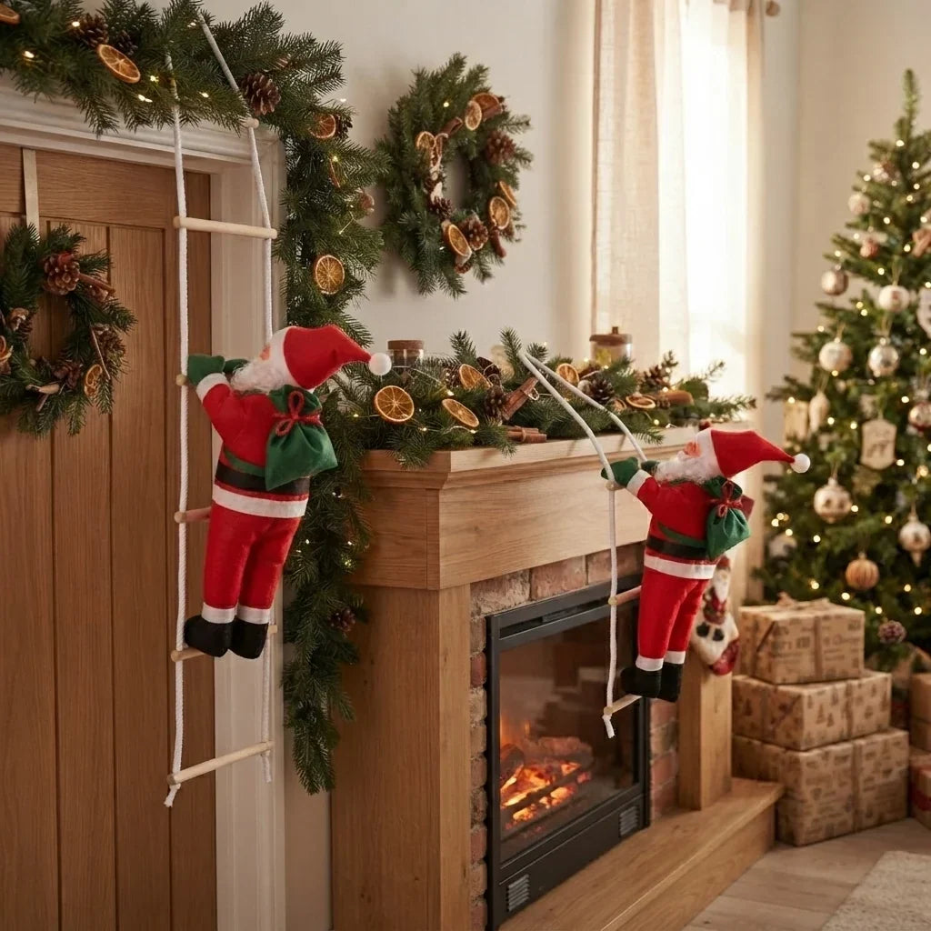 Climbing Santa on Rope Ladder Hanging Christmas Ornament for Indoor Holiday Display