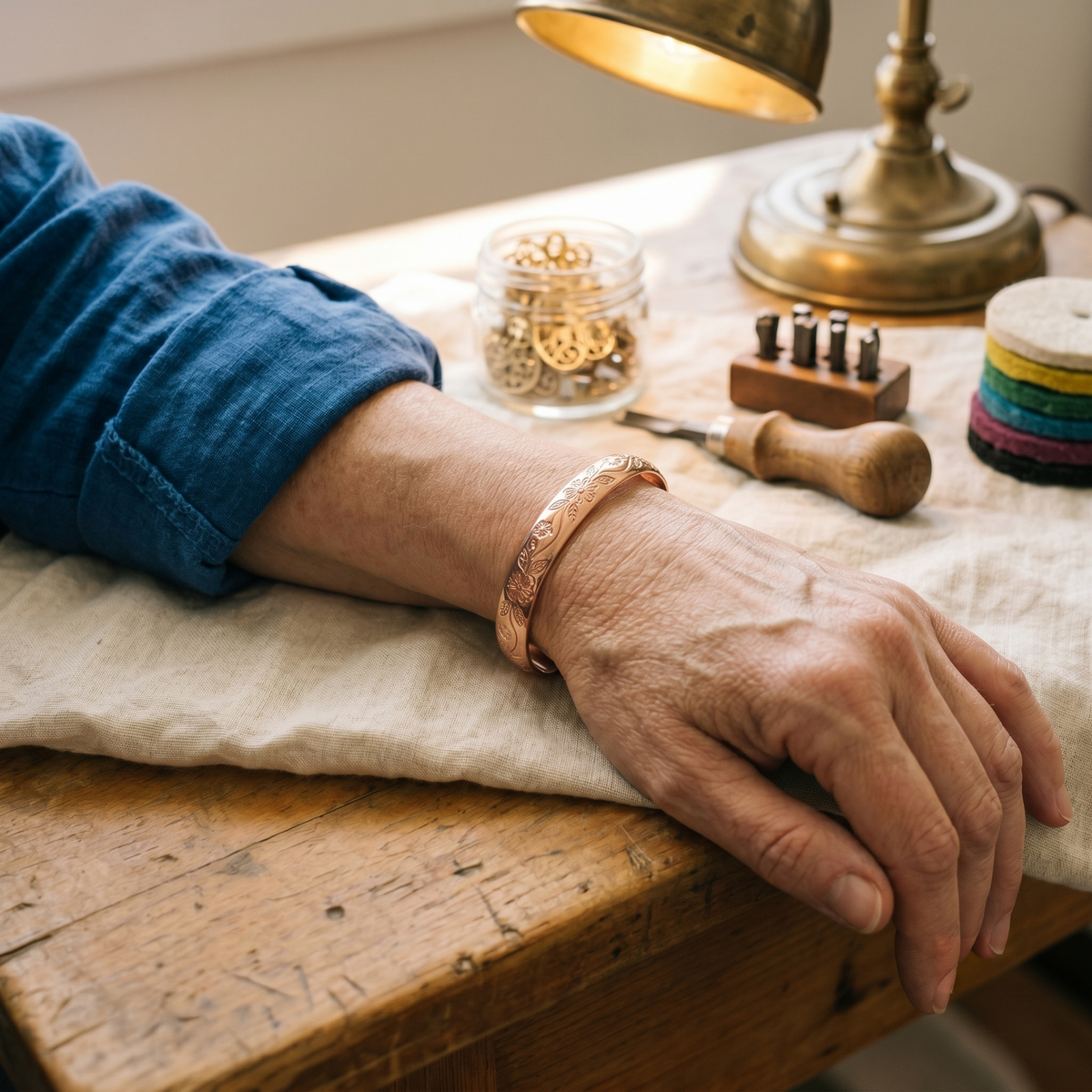 Floral copper cuff worn on wrist