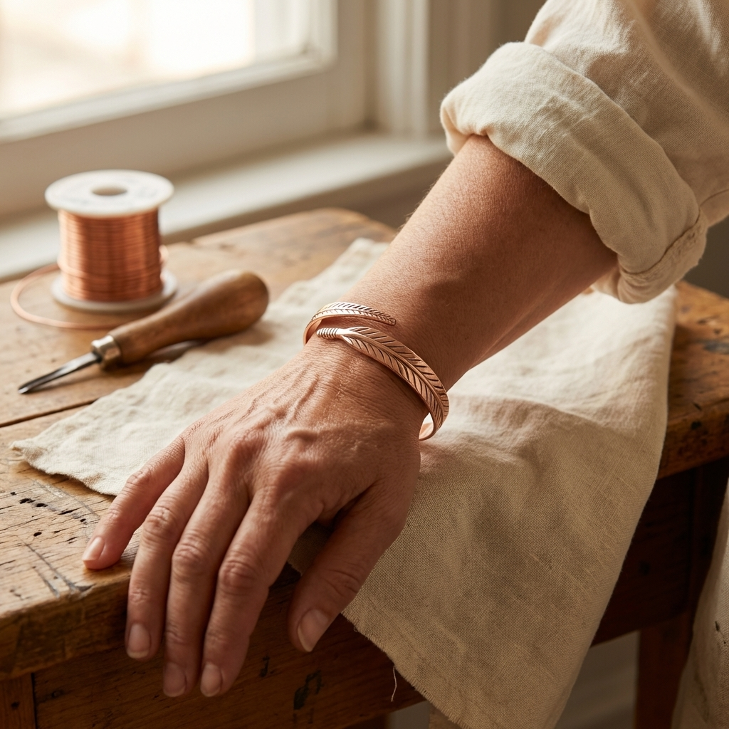 Feather wrap copper cuff worn on wrist