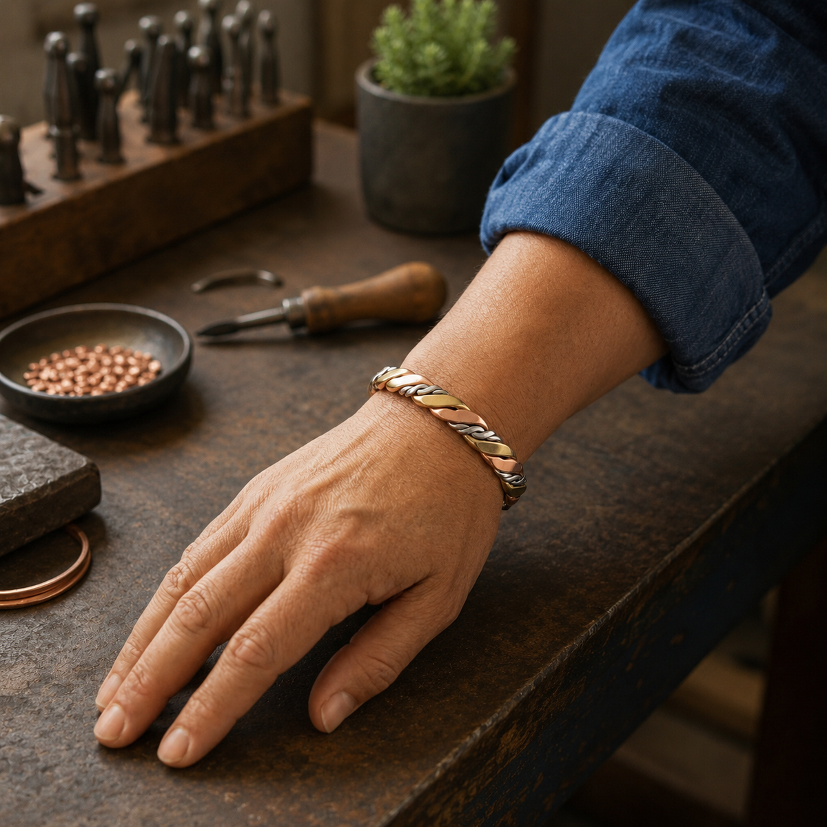 Tricolor braided cuff worn on wrist