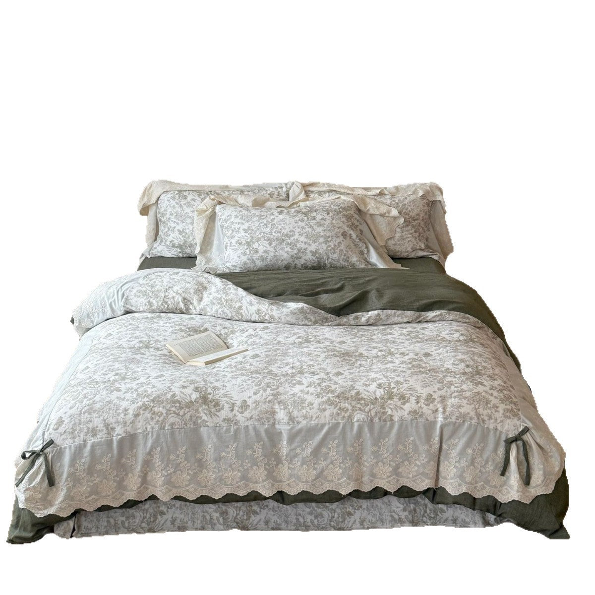 Cotton-Blend Floral Toile Bedding Set with Embroidered Lace Ruffles and Decorative Bows