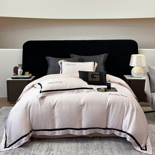 Cotton Sateen Bedding Set with Fine Micro-Pattern, Black Contrast Piping and Embroidered Lettering