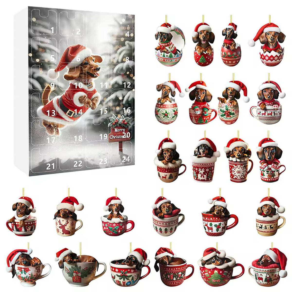 Dachshund Advent Calendar - 24 Christmas Ornaments for Christmas Countdown