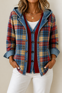 Denim-Trim Hooded Knit Cardigan