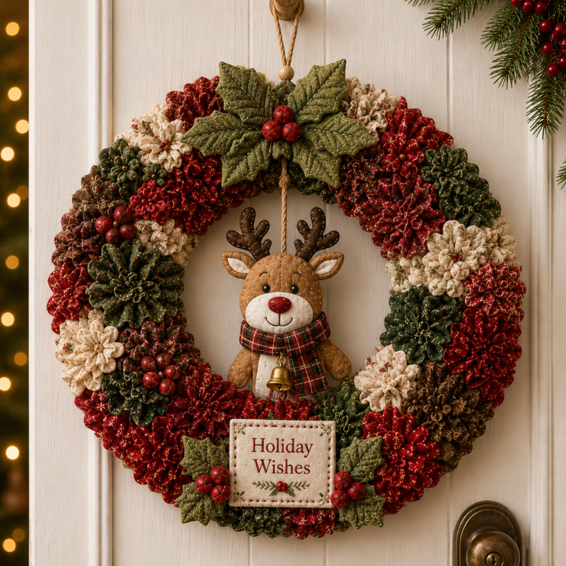 DIY Christmas Wreath Craft Kit | Fabric Door Decoration with 3D Christmas Motifs Featuring Santa Claus, Christmas Tree, Reindeer & Snowman