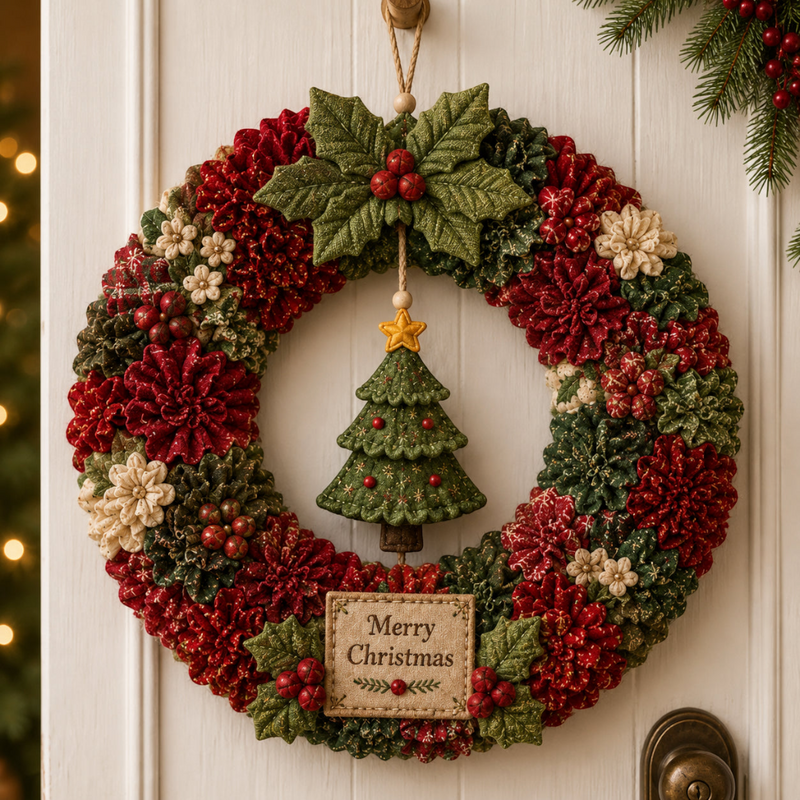 DIY Christmas Wreath Craft Kit | Fabric Door Decoration with 3D Christmas Motifs Featuring Santa Claus, Christmas Tree, Reindeer & Snowman