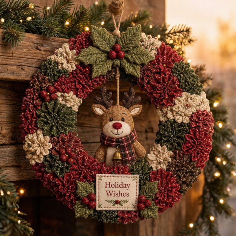 DIY Christmas Wreath Craft Kit | Fabric Door Decoration with 3D Christmas Motifs Featuring Santa Claus, Christmas Tree, Reindeer & Snowman