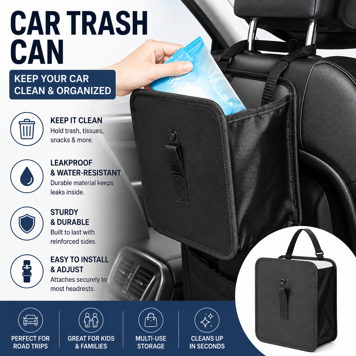 Foldable Hanging Car Trash Can and Storage Organizer with Snap Lid and Adjustable Strap