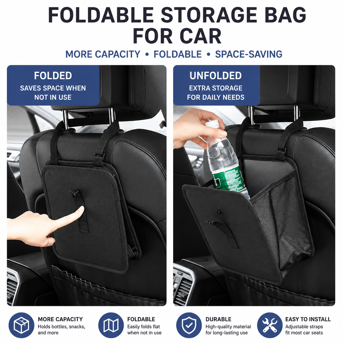 Foldable Hanging Car Trash Can and Storage Organizer with Snap Lid and Adjustable Strap