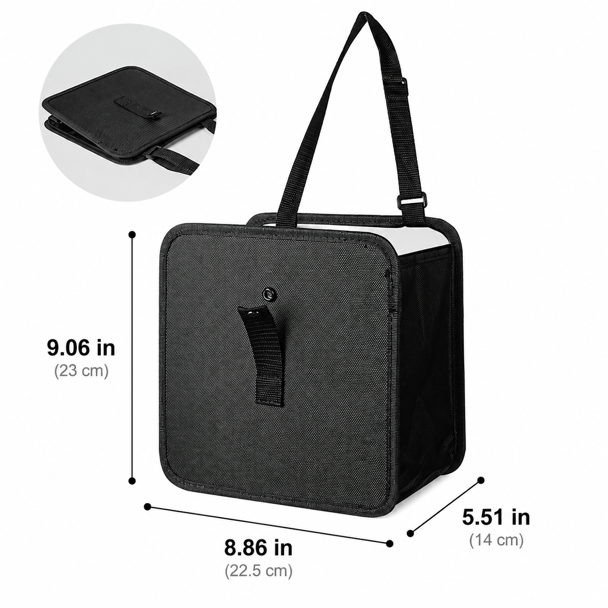 Foldable Hanging Car Trash Can and Storage Organizer with Snap Lid and Adjustable Strap