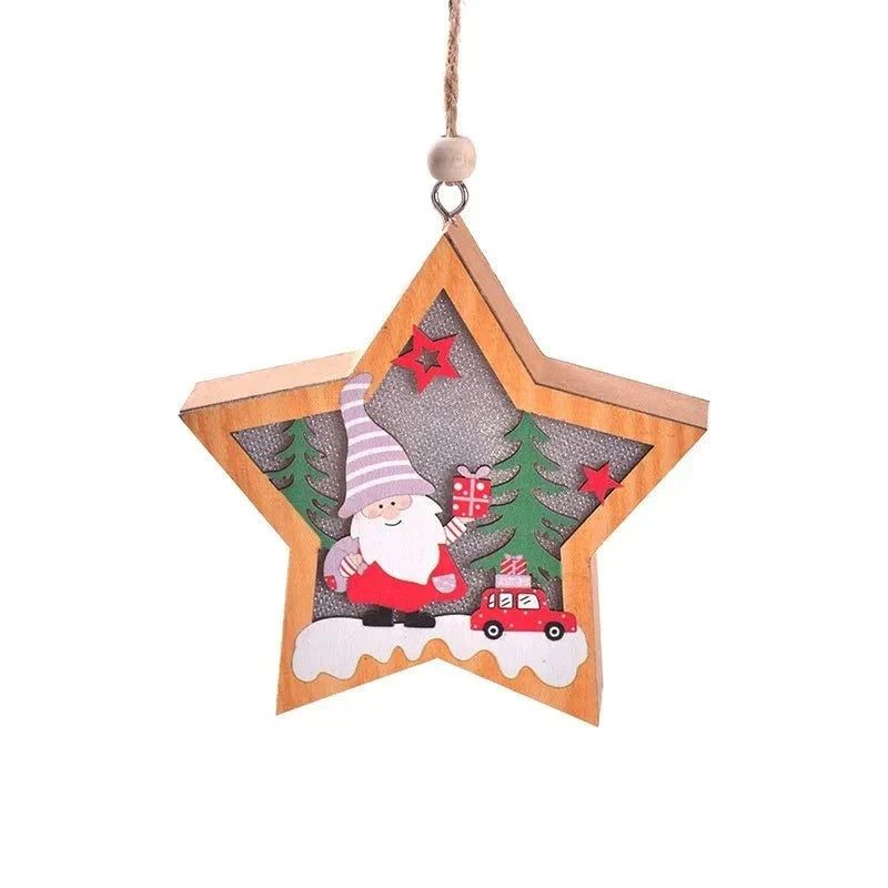 LED Christmas Ornament with Warm Wooden Design and Hanging String for Holiday Decor