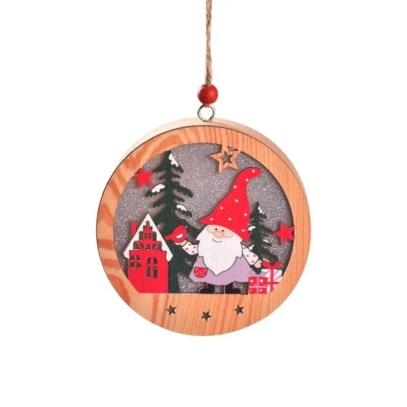 LED Christmas Ornament with Warm Wooden Design and Hanging String for Holiday Decor