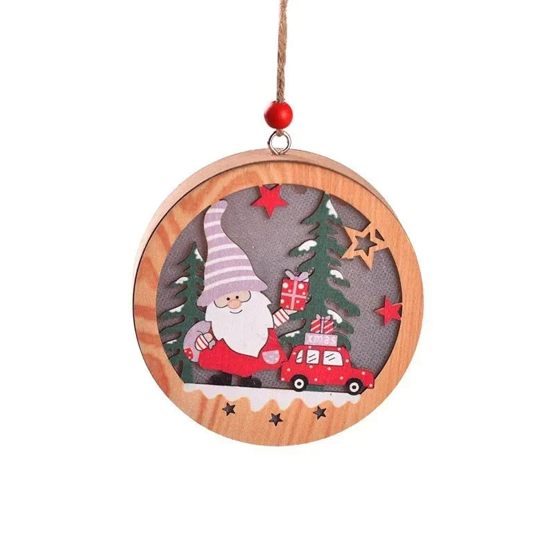 LED Christmas Ornament with Warm Wooden Design and Hanging String for Holiday Decor