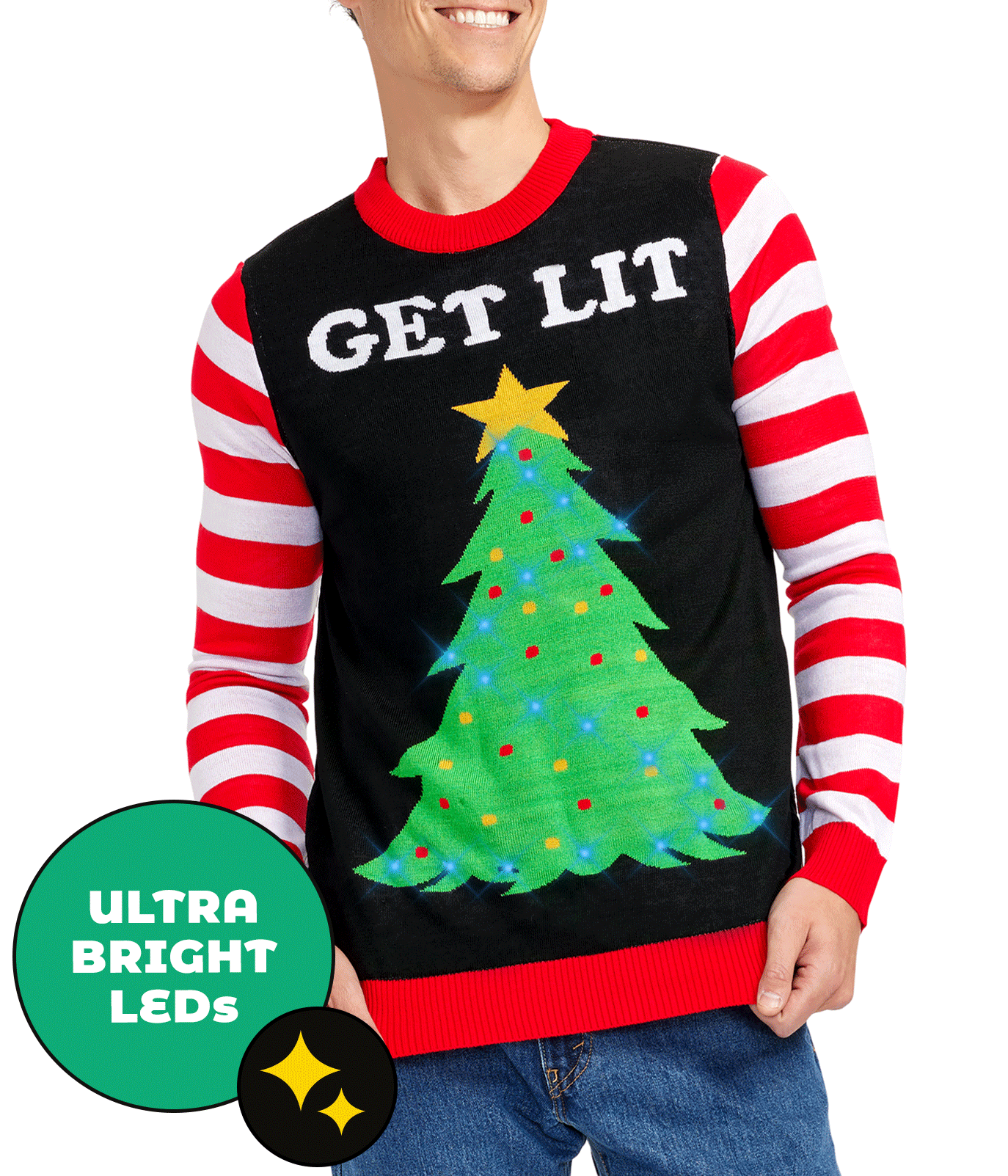 Men's Christmas Tree Sweater with LED Lights and Candy Cane Sleeves for Holiday Parties