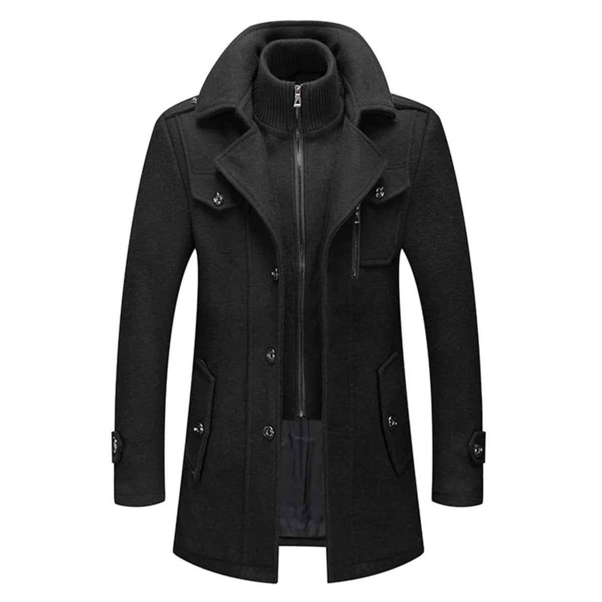Men's Double-Layer Wool Winter Overcoat with Knit Collar