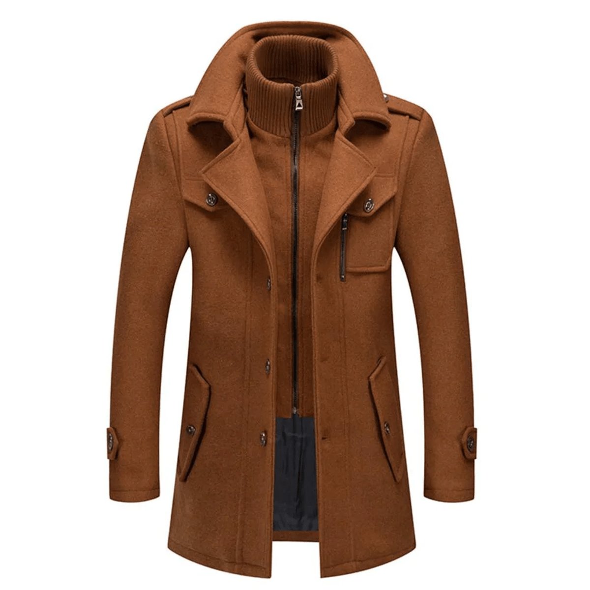 Men's Double-Layer Wool Winter Overcoat with Knit Collar