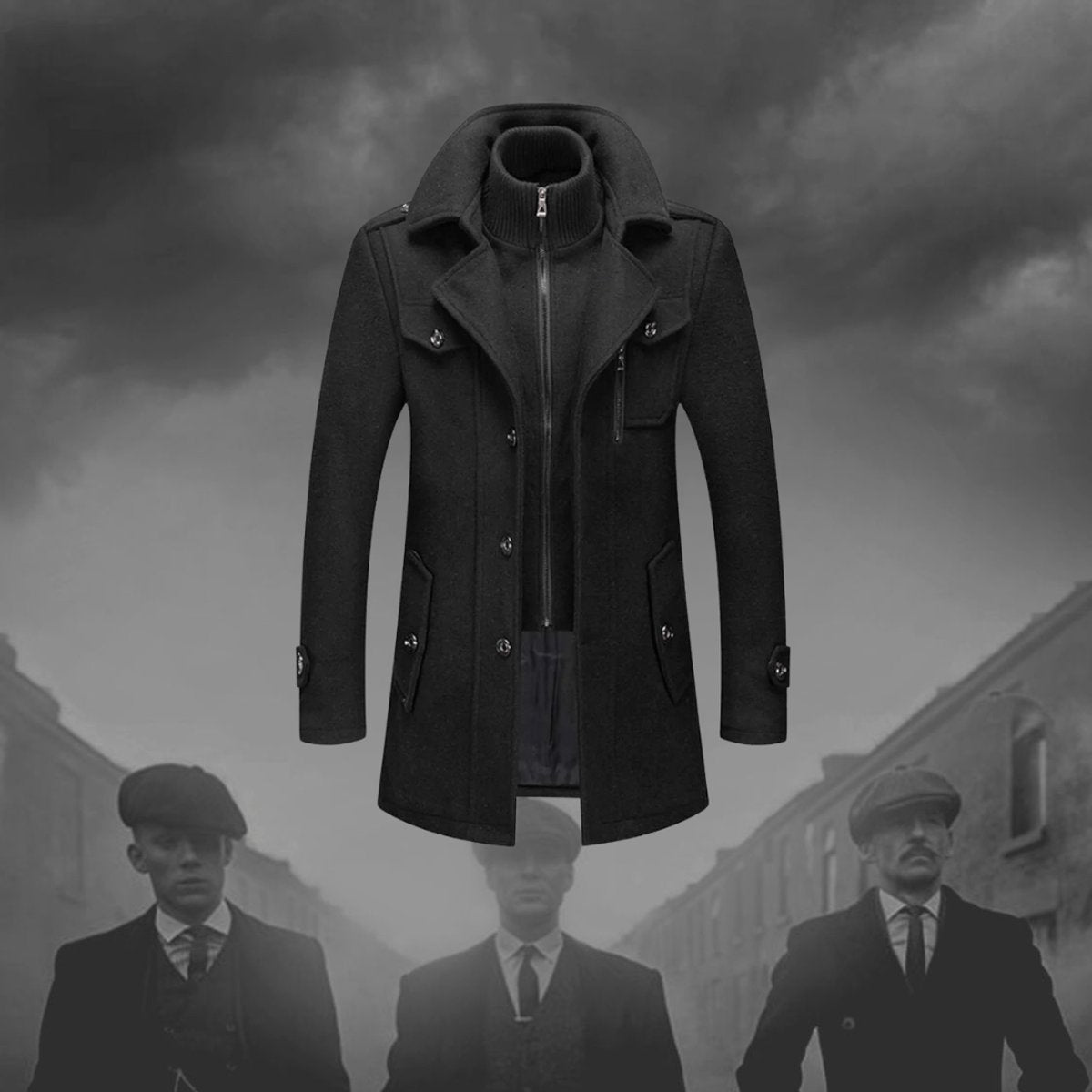 Men's Double-Layer Wool Winter Overcoat with Knit Collar