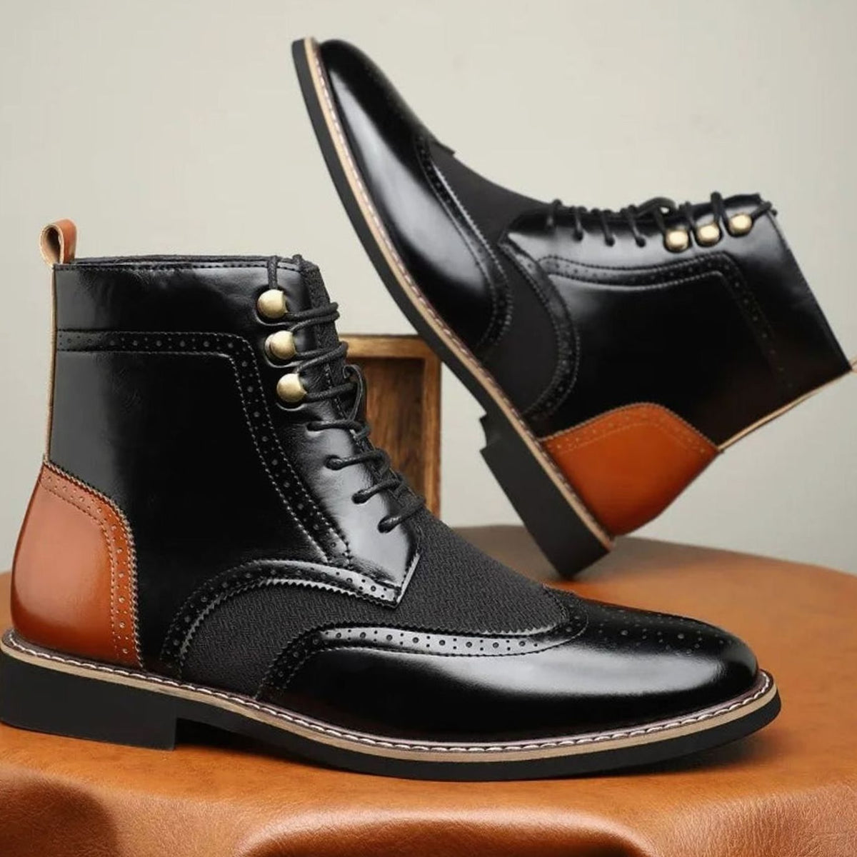 Men's Full-Grain Leather Brogue Lace-Up Ankle Boots
