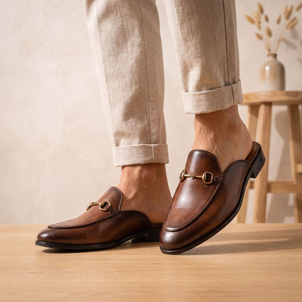 Men's Leather Horsebit Slip-On Mule Loafers