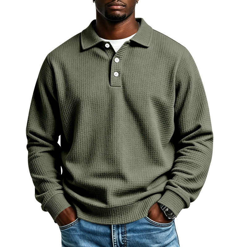 Men's Waffle Knit Polo Shirt with Button Placket and Ribbed Cuffs