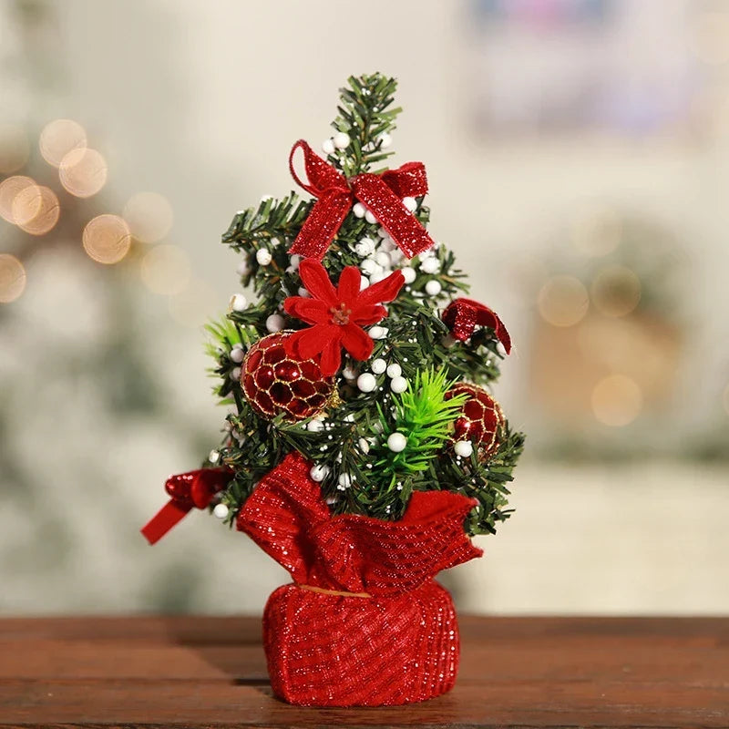 Mini Artificial Tabletop Christmas Tree with Decorations and Poinsettia Flowers