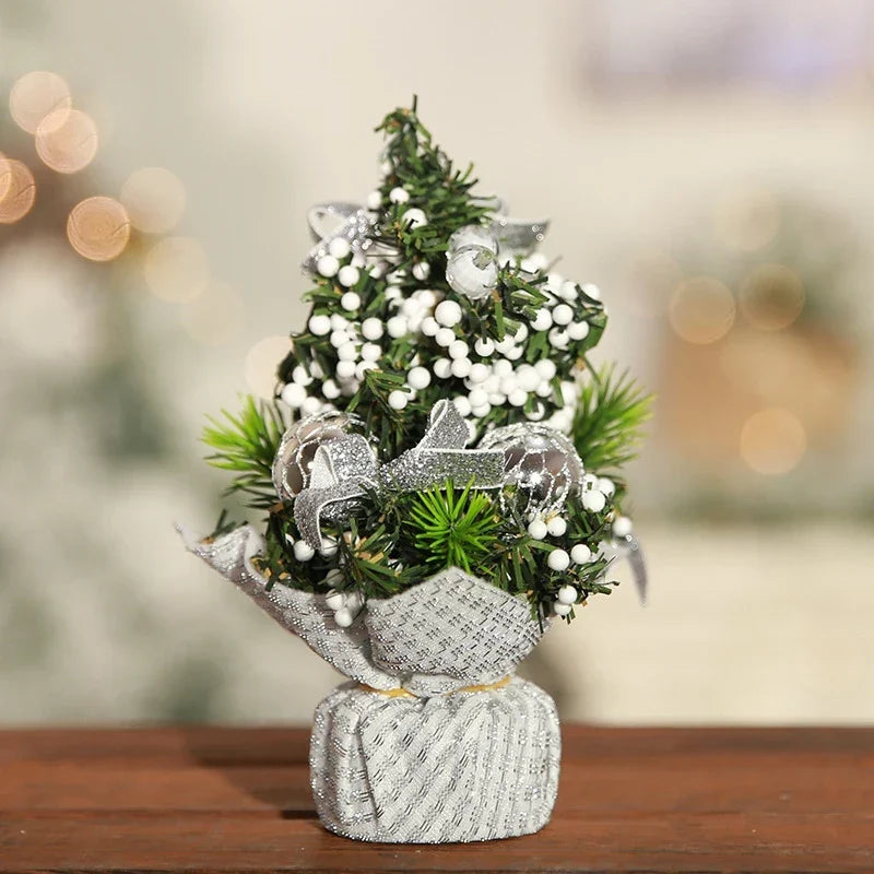 Mini Artificial Tabletop Christmas Tree with Decorations and Poinsettia Flowers