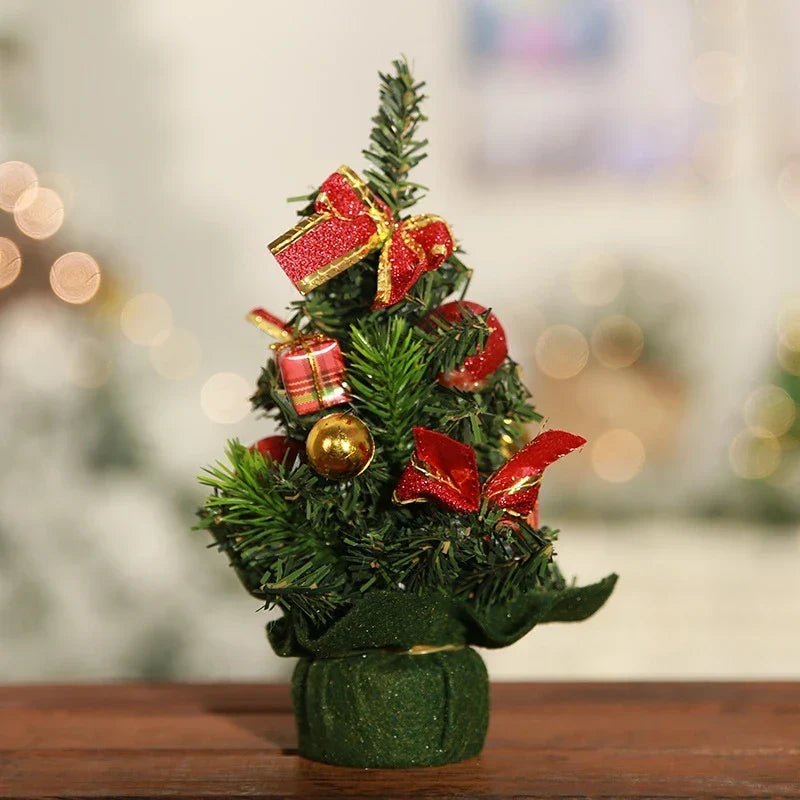 Mini Artificial Tabletop Christmas Tree with Decorations and Poinsettia Flowers