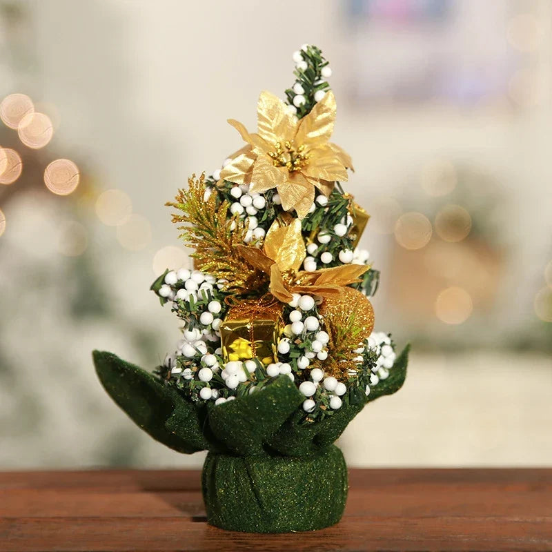 Mini Artificial Tabletop Christmas Tree with Decorations and Poinsettia Flowers