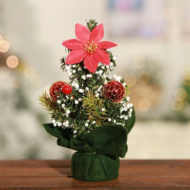 Mini Artificial Tabletop Christmas Tree with Decorations and Poinsettia Flowers