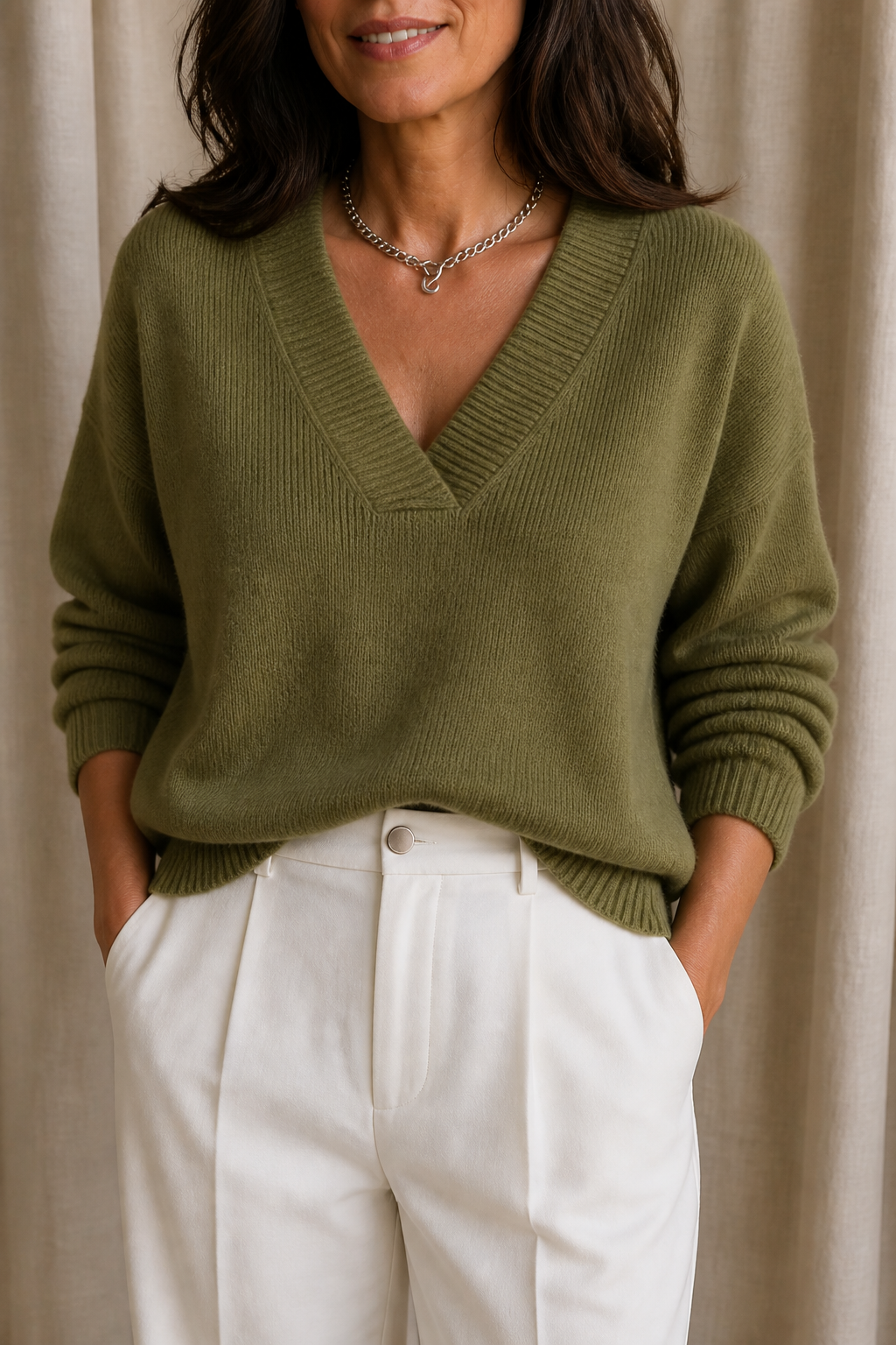 Ribbed V-Neck Relaxed Knit Sweater