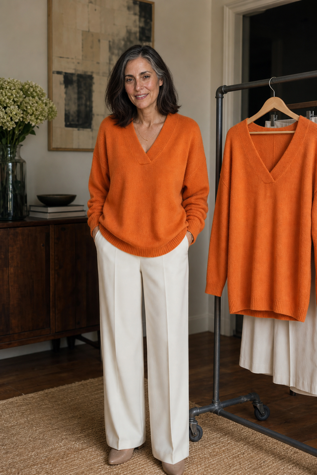 Ribbed V-Neck Relaxed Knit Sweater