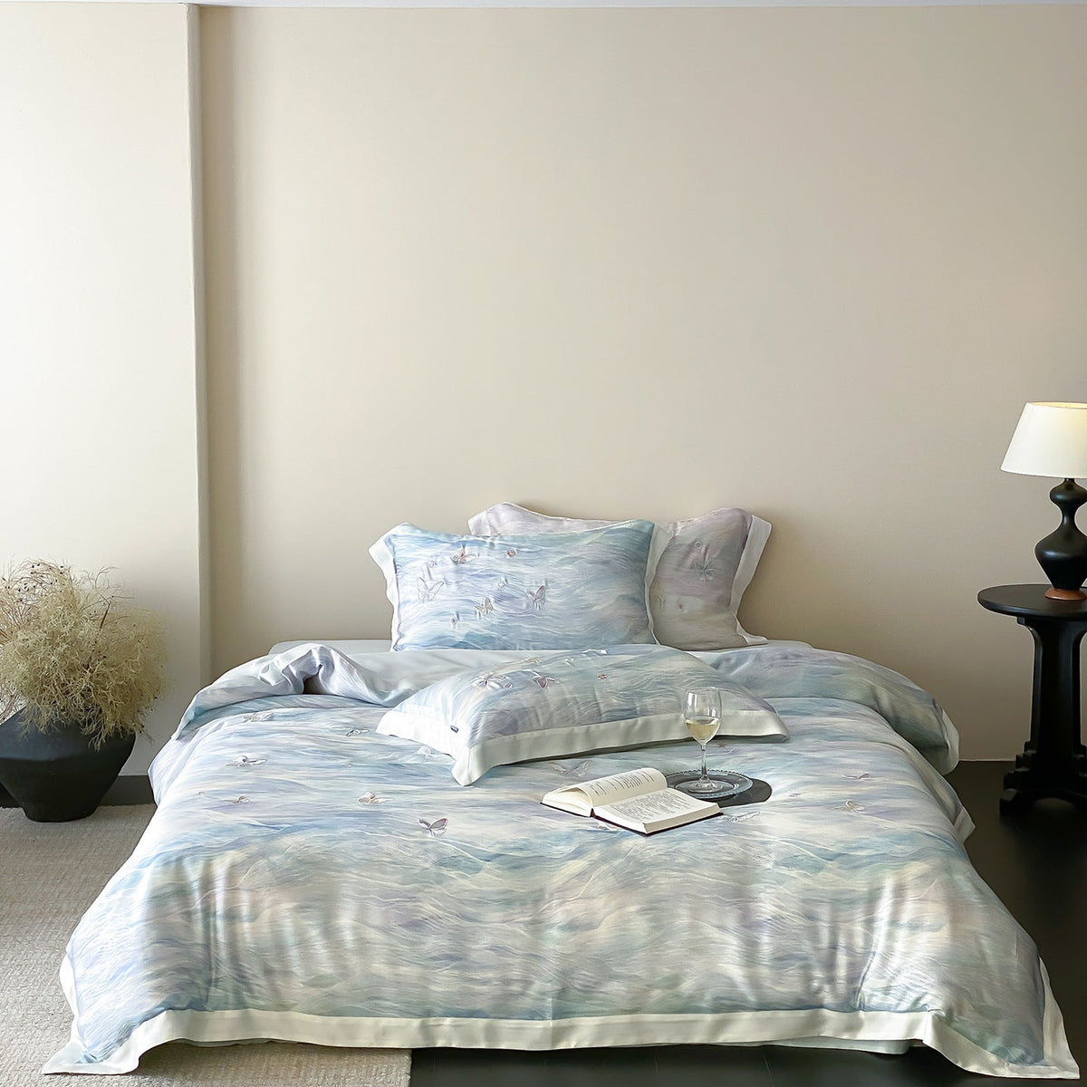 Satin Bedding Set with Watercolor Gradient and 3D Butterfly Embroidery
