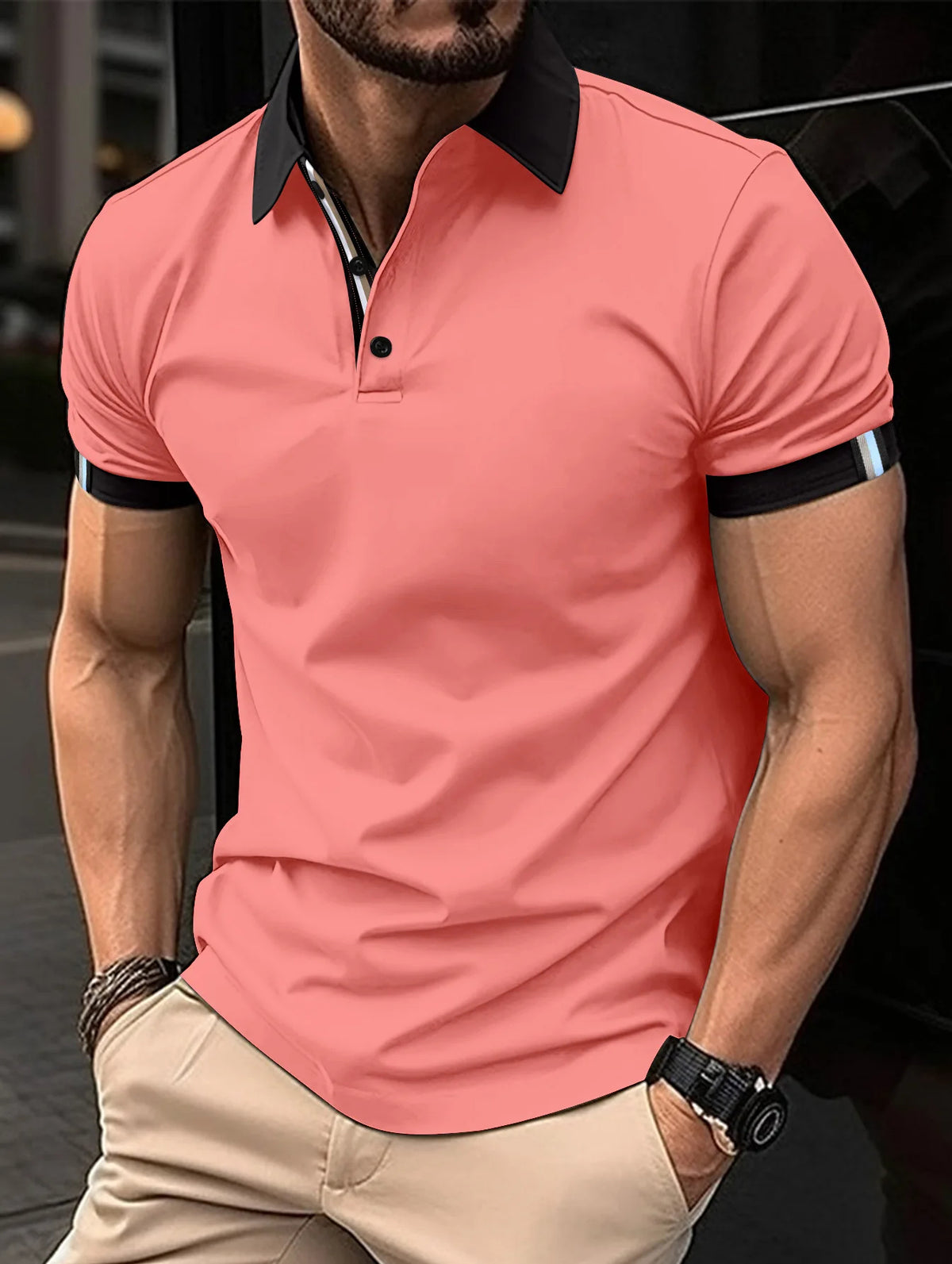 Oak & Coral | Breathable Striped Sleeve Polo Shirt - Image 2
