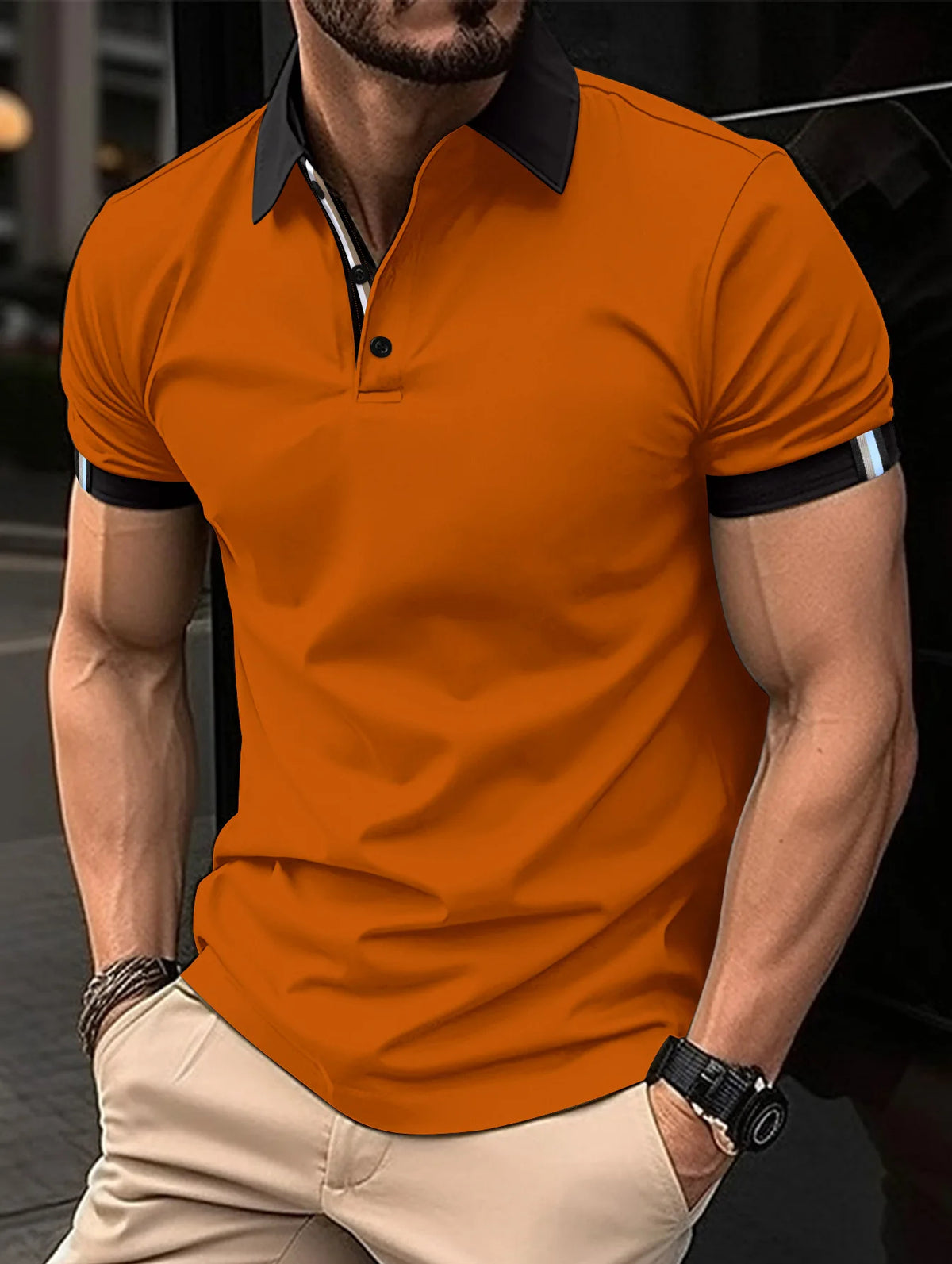Oak & Coral | Breathable Striped Sleeve Polo Shirt - Image 3