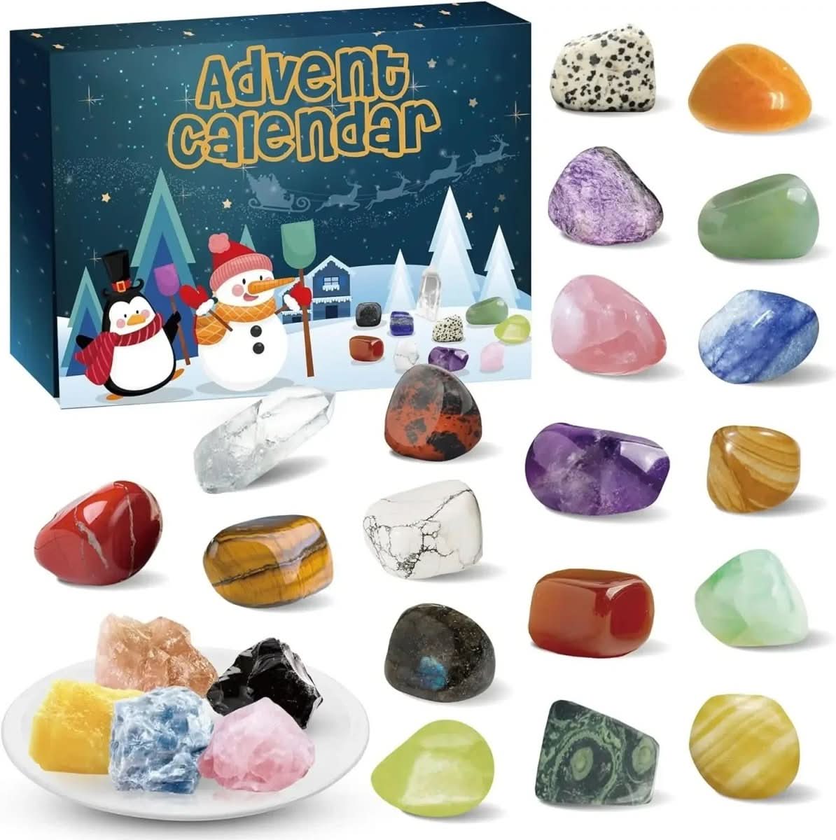 Stone Advent Calendar with 24 Natural Gemstones and Daily Compartments